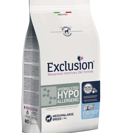 Exclusion Hydrolized Hypoallrgenic Pesce e amido di mais 12kg